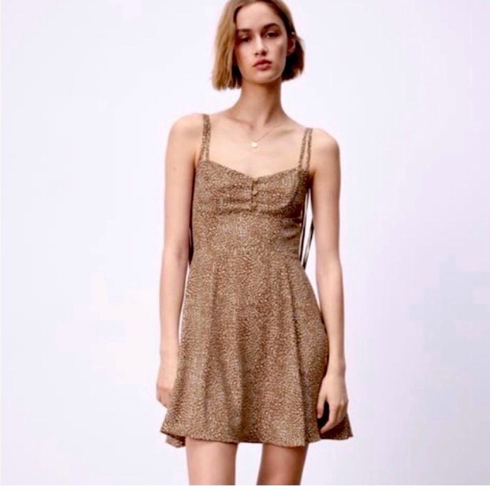 Zara Brown Spotted silky Strappy Mini Dress